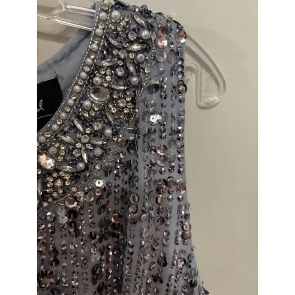 Mac Duggal Steel Blue Sequined Sleeveless Crew Neck Dress Formal Gown Size 14